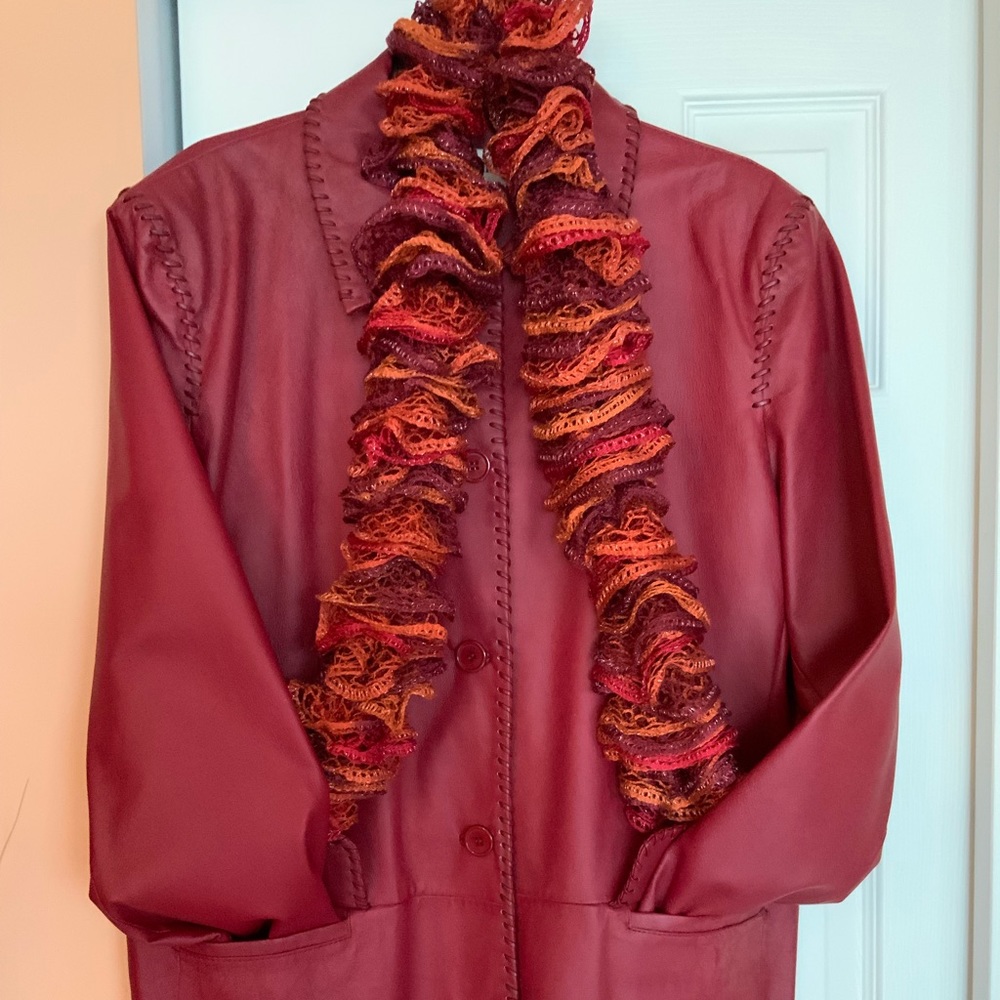 New ~ Red leather 3/4 length coat with homemade scarf